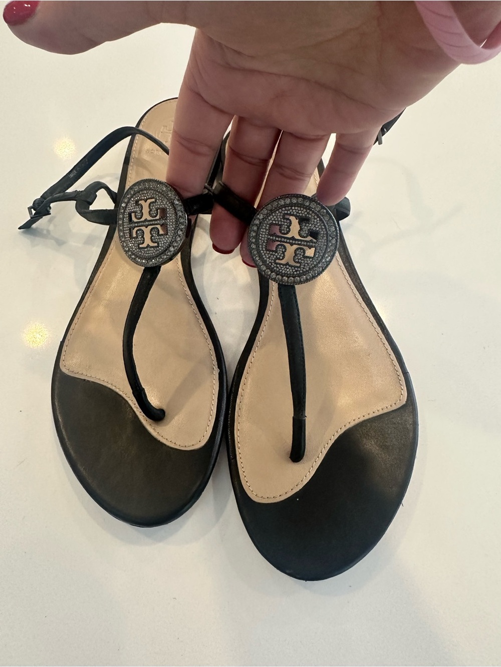 Tory Burch Black Logo Sandals with Crystal Embellishment sz9